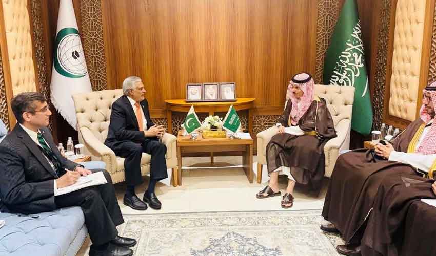 Ishaq Dar meets regional counterparts in Jeddah, calls for Gaza ceasefire
